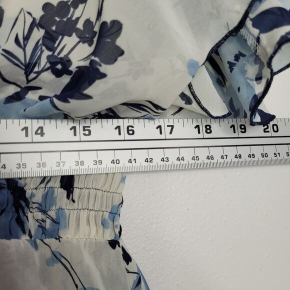 Studio Y Y2k cream blue floral semi-sheer boho elastic waist Flutter Sleeve top - Picture 4 of 5